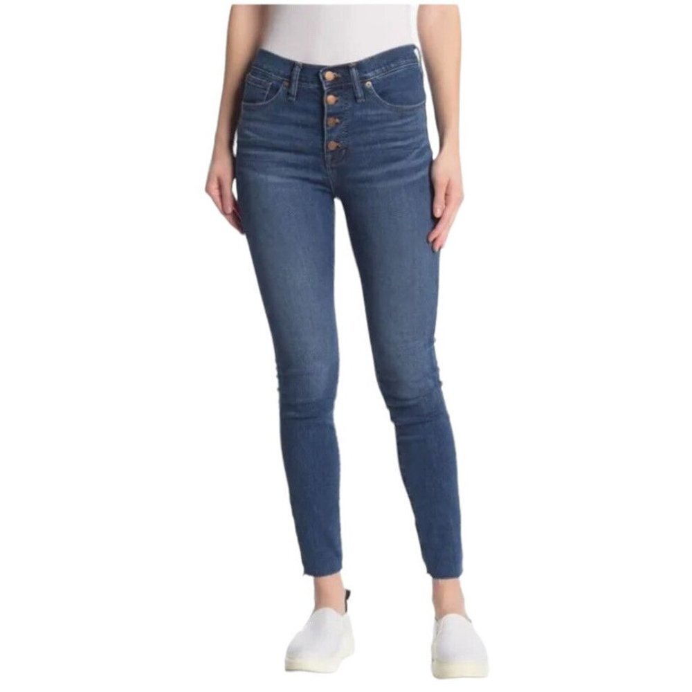 Madewell Woman’s 9" Mid-Rise Blue Button Front Skinny Jeans Raw Hem SZ 28